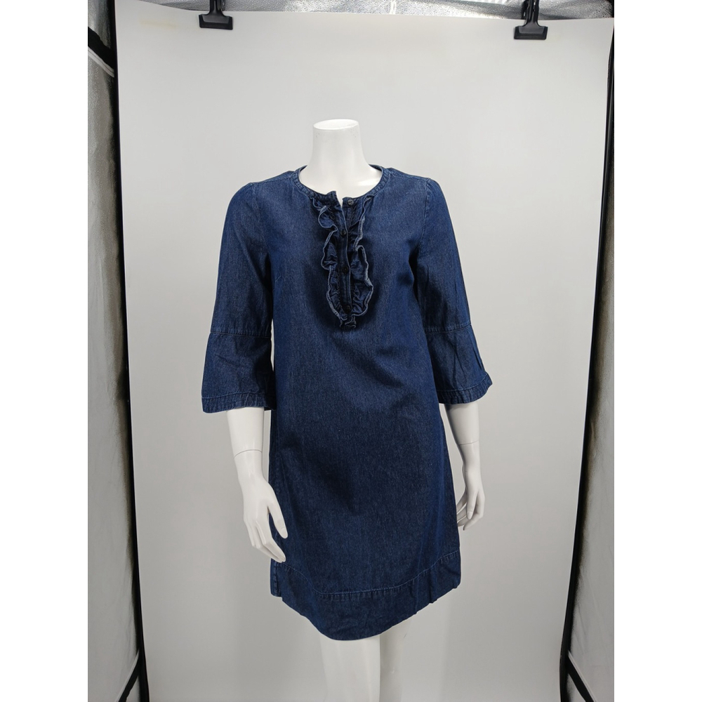 Draper James Chambray Dress Womens 6 Blue Ruffle Shift Bell Sleeve Cotton